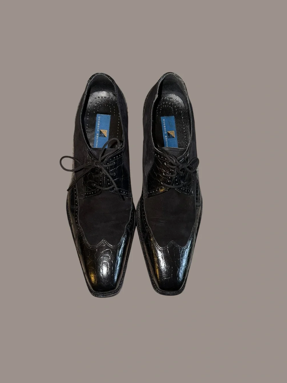 VTG Giorgio Brutini Black Croc Embossed Suede Wingtip Oxfords Men's 13 Y2K